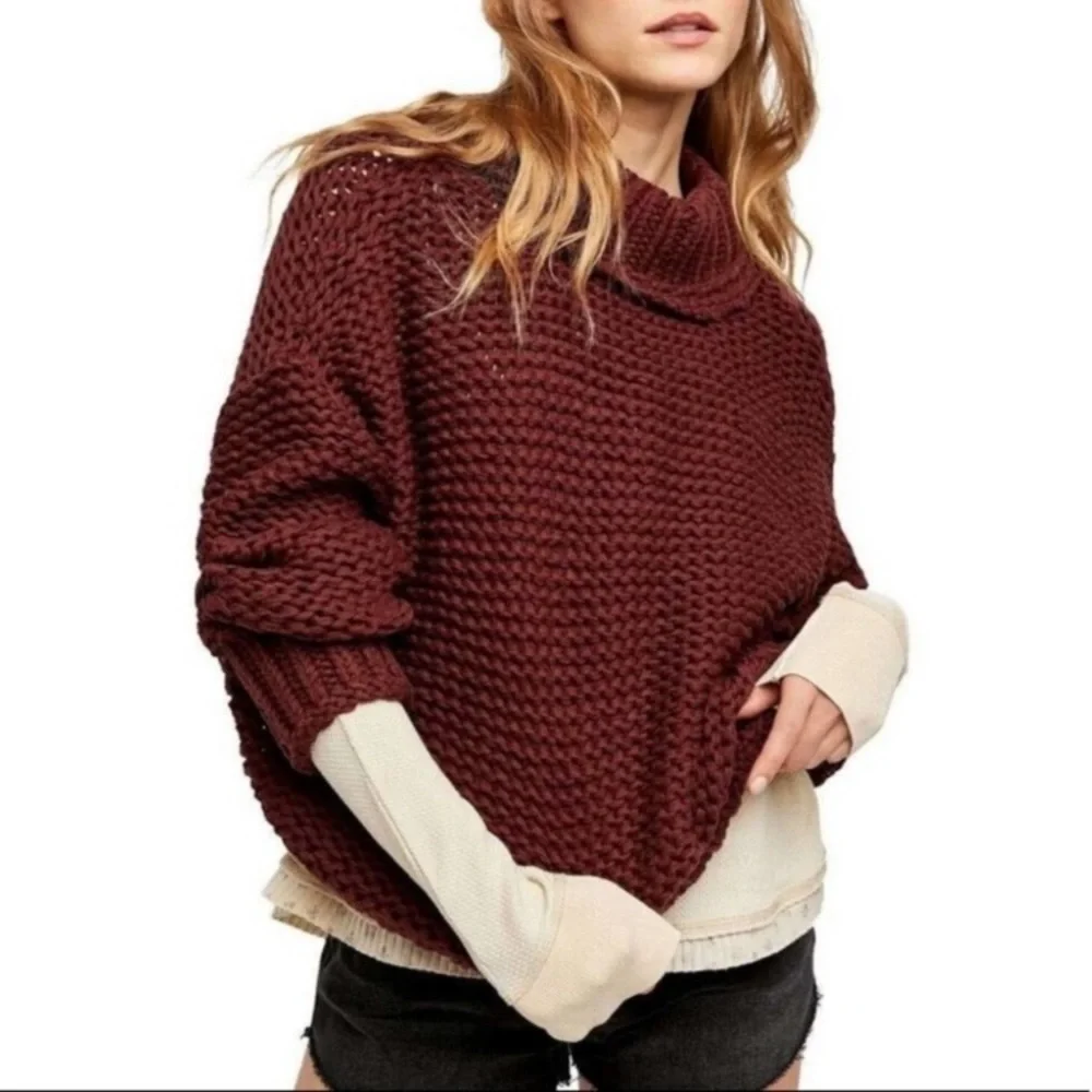 Free People Chunky Burgundy Knit Sweater